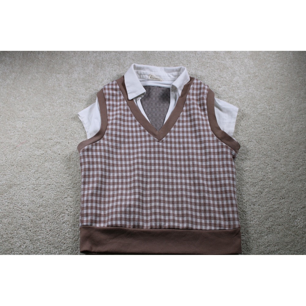 Meroki Womens M Vest Brown White Gingham Sleeveless V Shirt‎ Combo School Girl